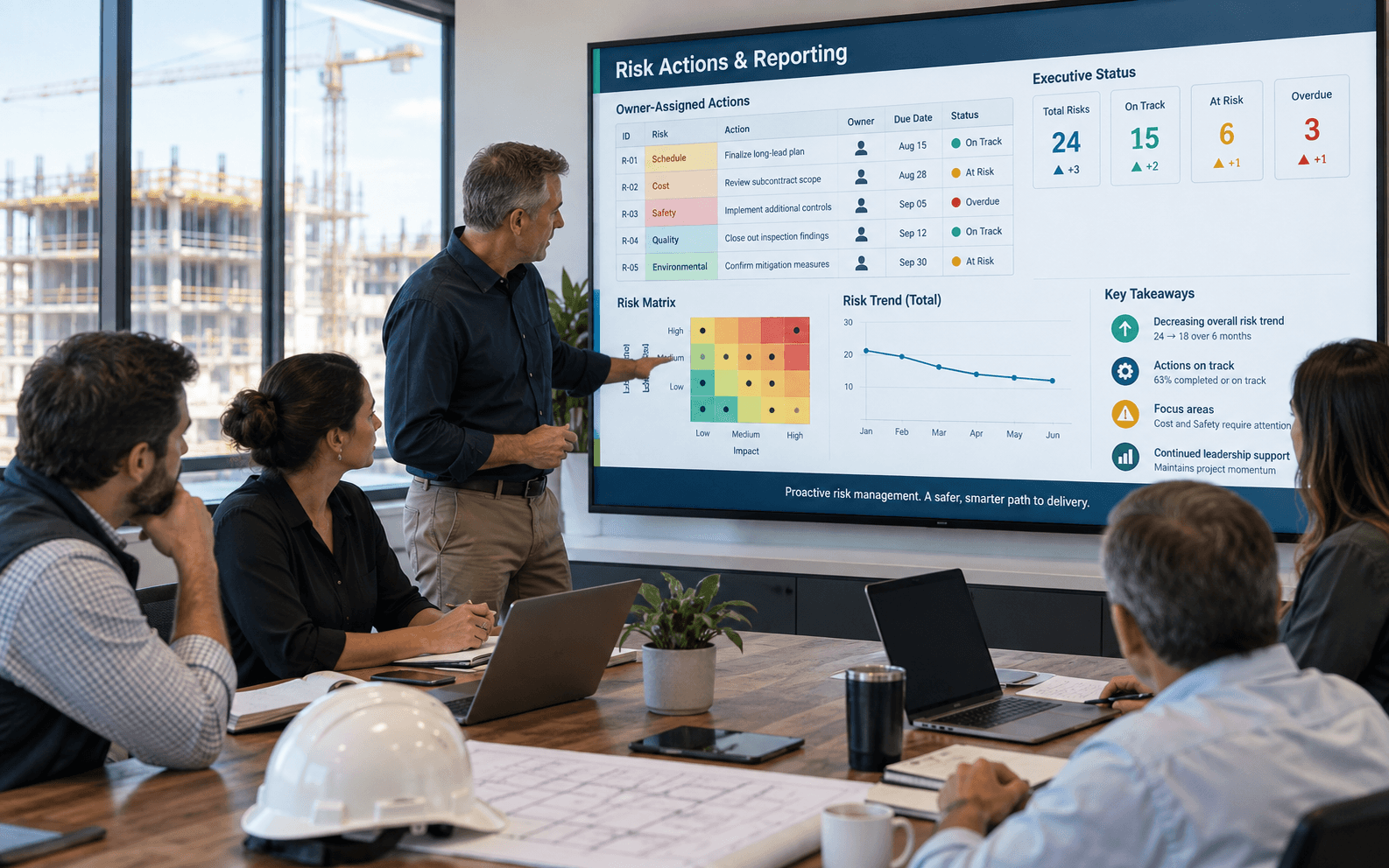 Construction controls professionals reviewing risk actions and reporting